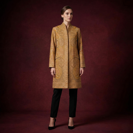 Regal Elegance in Golden Artisan Jacquard Long Coat