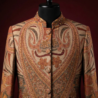 Ornate Earth Tone Paisley Jacquard Long Coat