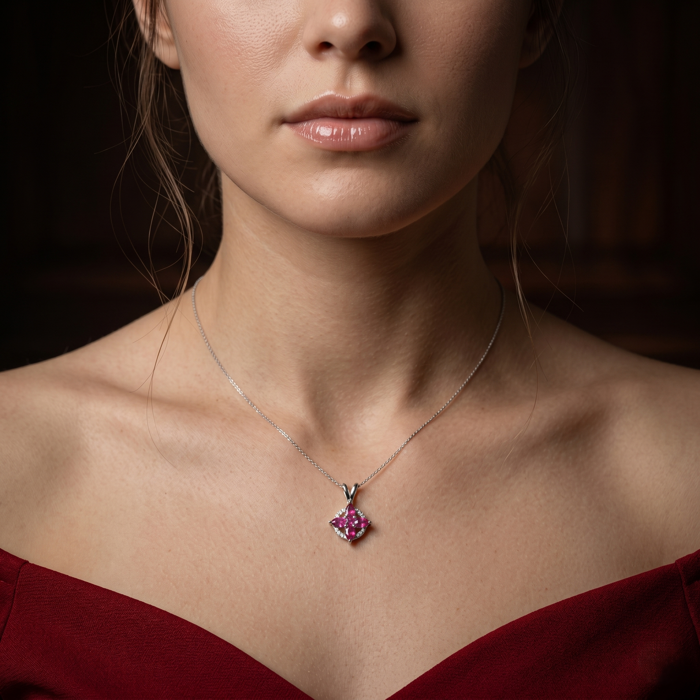 Elegant Sterling Silver Floral Ruby Pendant