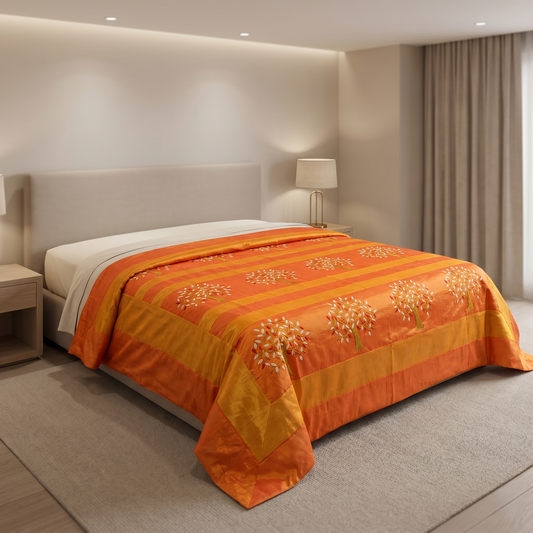Golden Saffron Tree Luxury Silk Bedcover