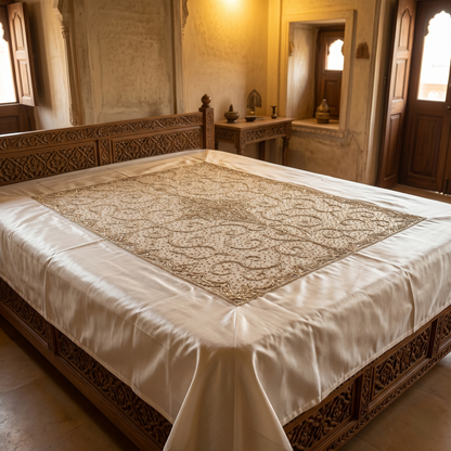 Silver Embroidered Ivory Silk Luxury Bedcover