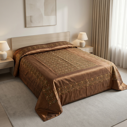 Regal Bronze Silk Embroidered Luxury Bedcover