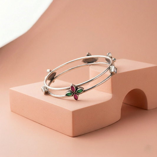 Dual-Band Silver Kada with Floral Accents
