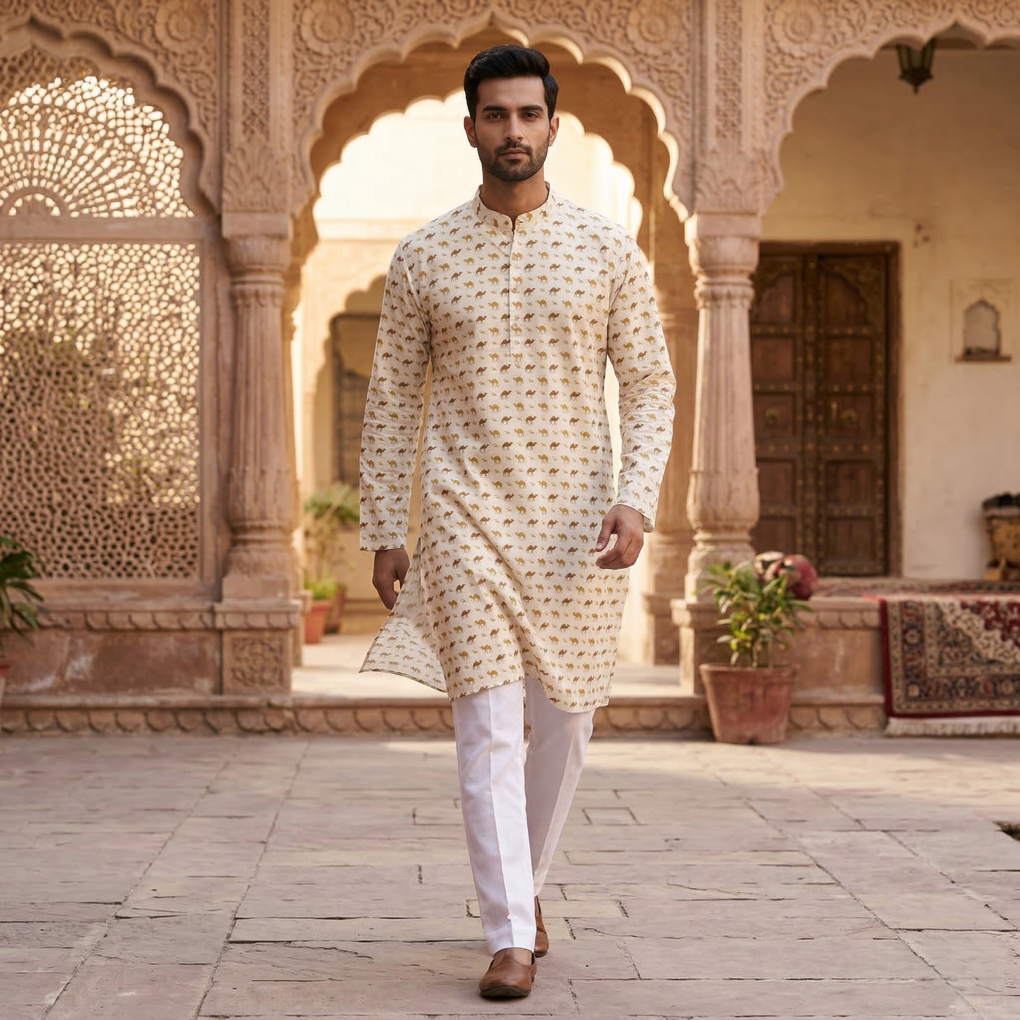 Hand Blocked Golden Camel Ivory Kurta