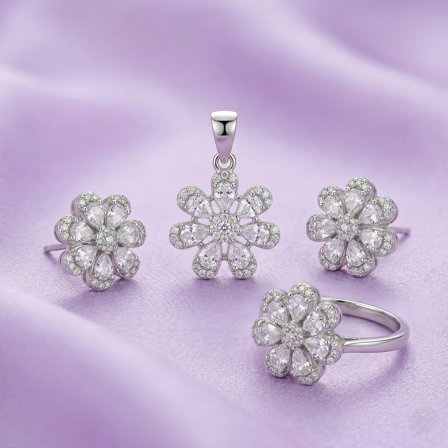 Sparkling Floral 92.5 Silver Pendant Set