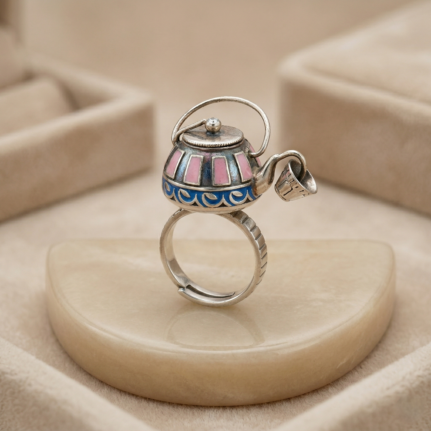 Enchanting Silver Teapot Enamel Charm Ring