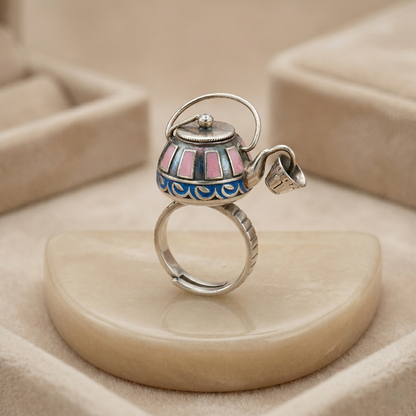 Enchanting Silver Teapot Enamel Charm Ring