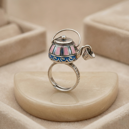 Enchanting Silver Teapot Enamel Charm Ring