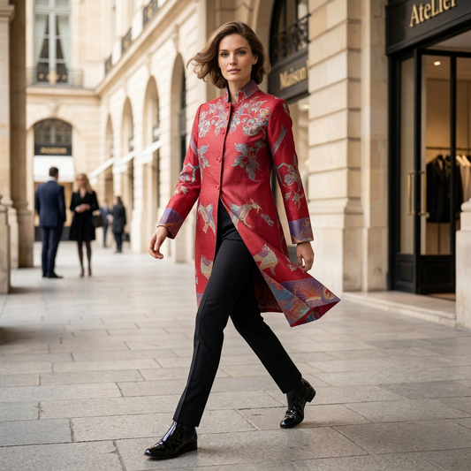 Imperial Crimson Bird Brocade Tunic