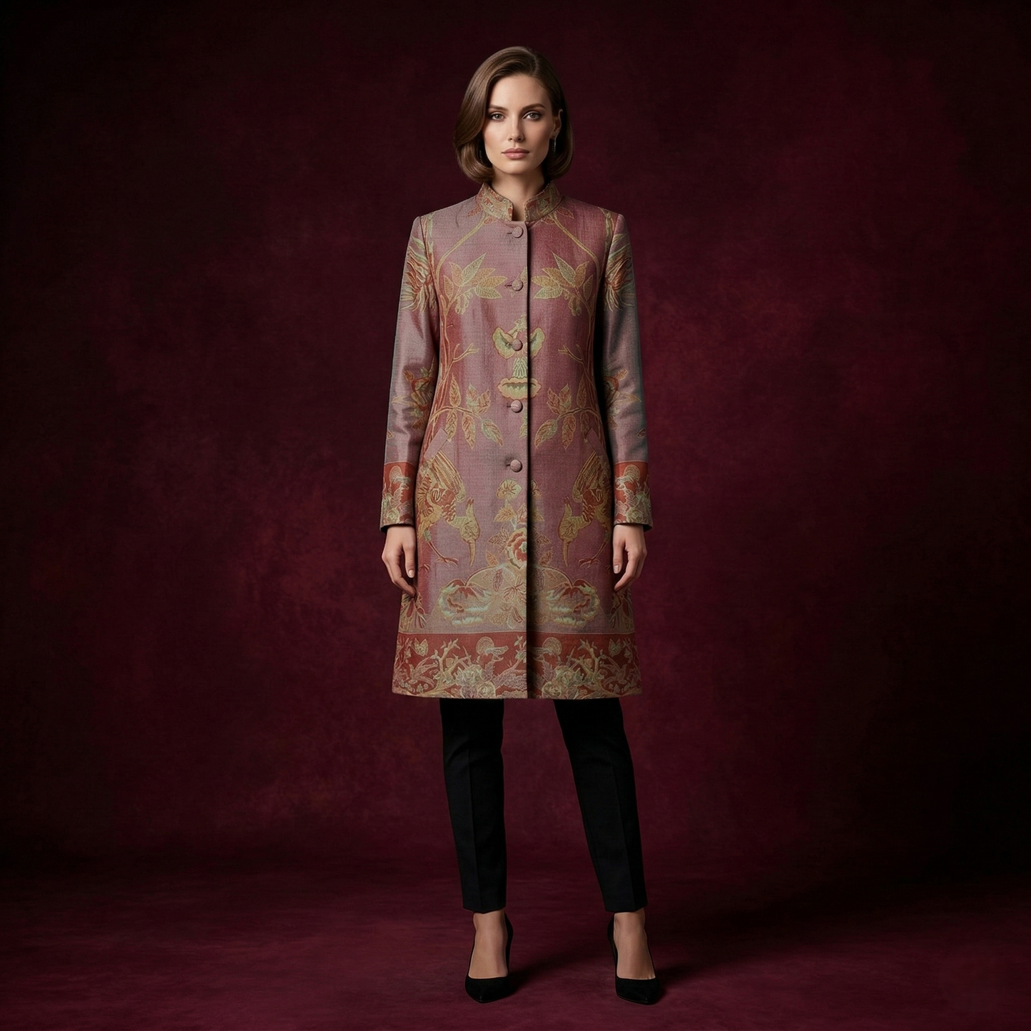 Ethereal Tapestry Silk Mandarin Collar Long Coat