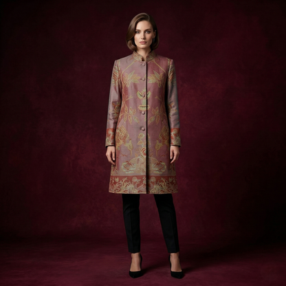 Ethereal Tapestry Silk Mandarin Collar Long Coat