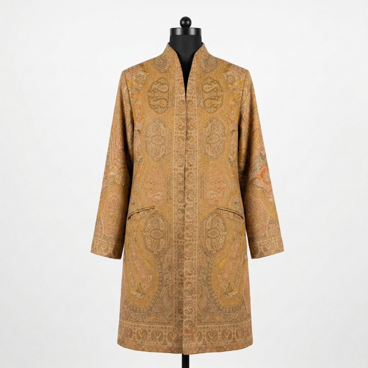 Regal Elegance in Golden Artisan Jacquard Long Coat