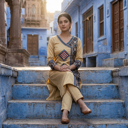 Gold Silk Kurti with Ajrakh Accents