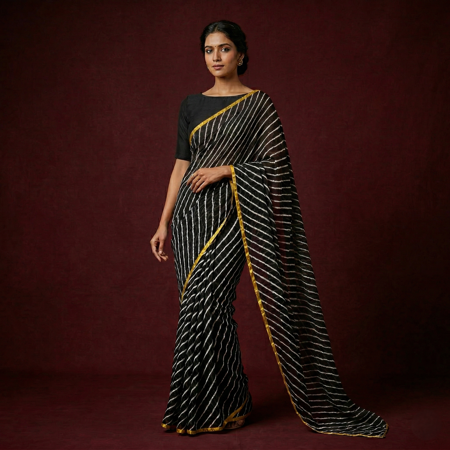 Midnight Leheria Saree with Golden Border