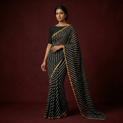Midnight Leheria Saree with Golden Border