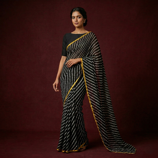 Midnight Leheria Saree with Golden Border