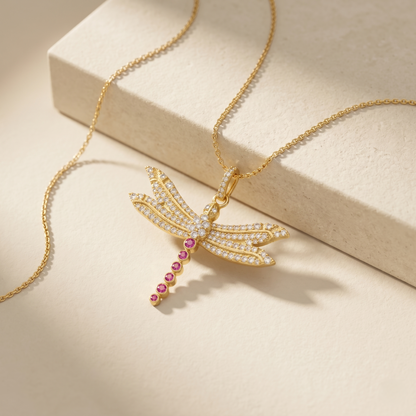 Elegant Dragonfly Silver Ruby Pendant