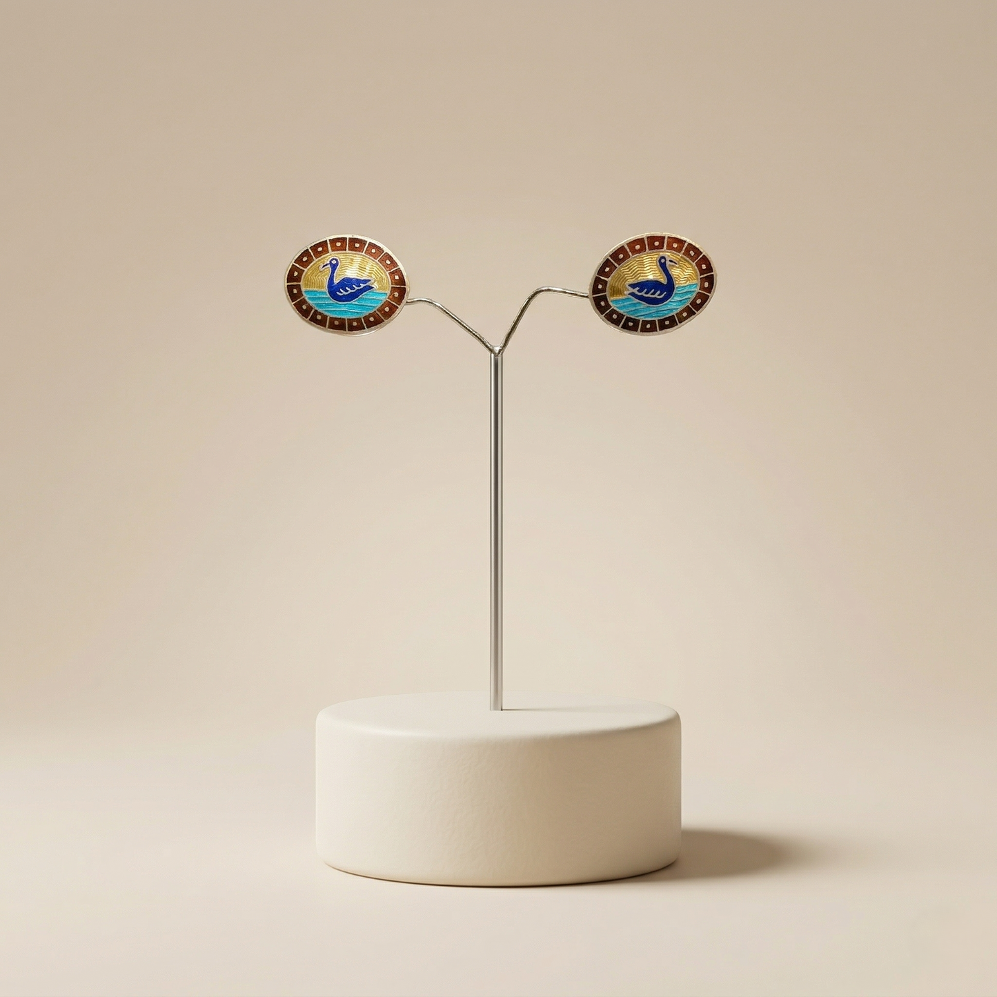 Enamelled Silver Swan Oval Stud Earrings