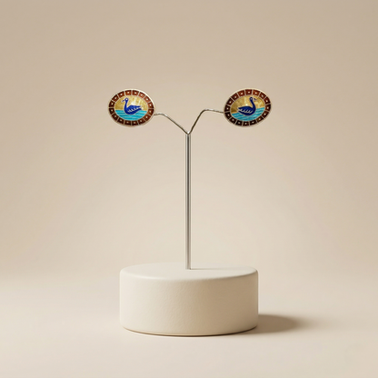 Enamelled Silver Swan Oval Stud Earrings