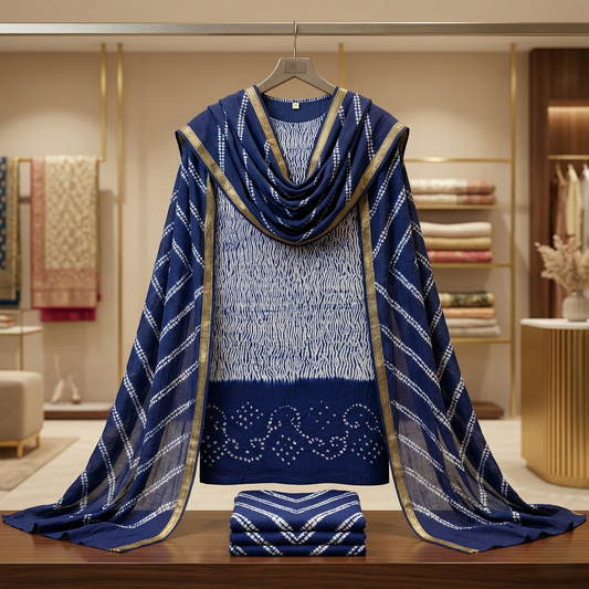 Indigo Bandhani Heritage Unstitched Suit Set
