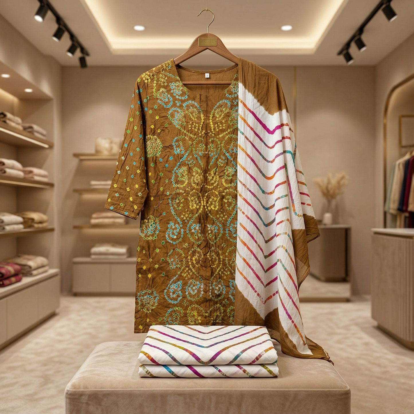 Earthy Bandhani & Leheriya Unstitched Suit