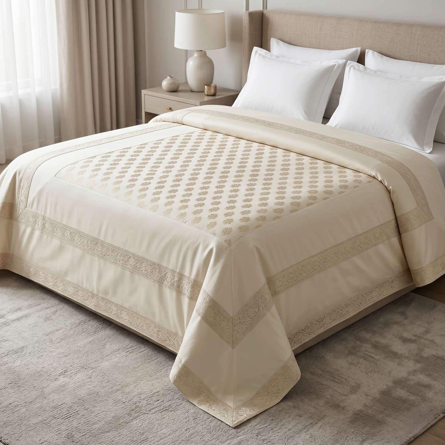Ivory Silk Bedcover with Gold Embroidery