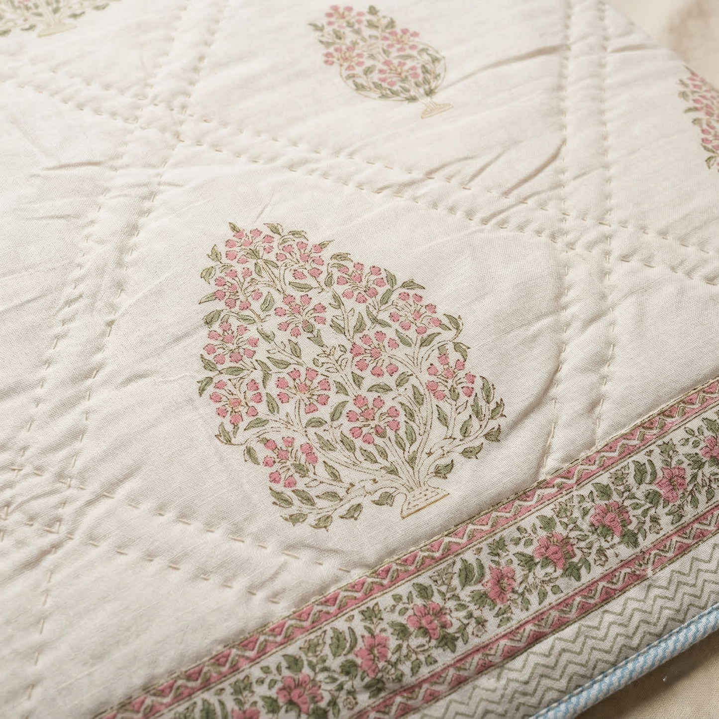 Artisanal Floral Block Print Quilted Coverlet