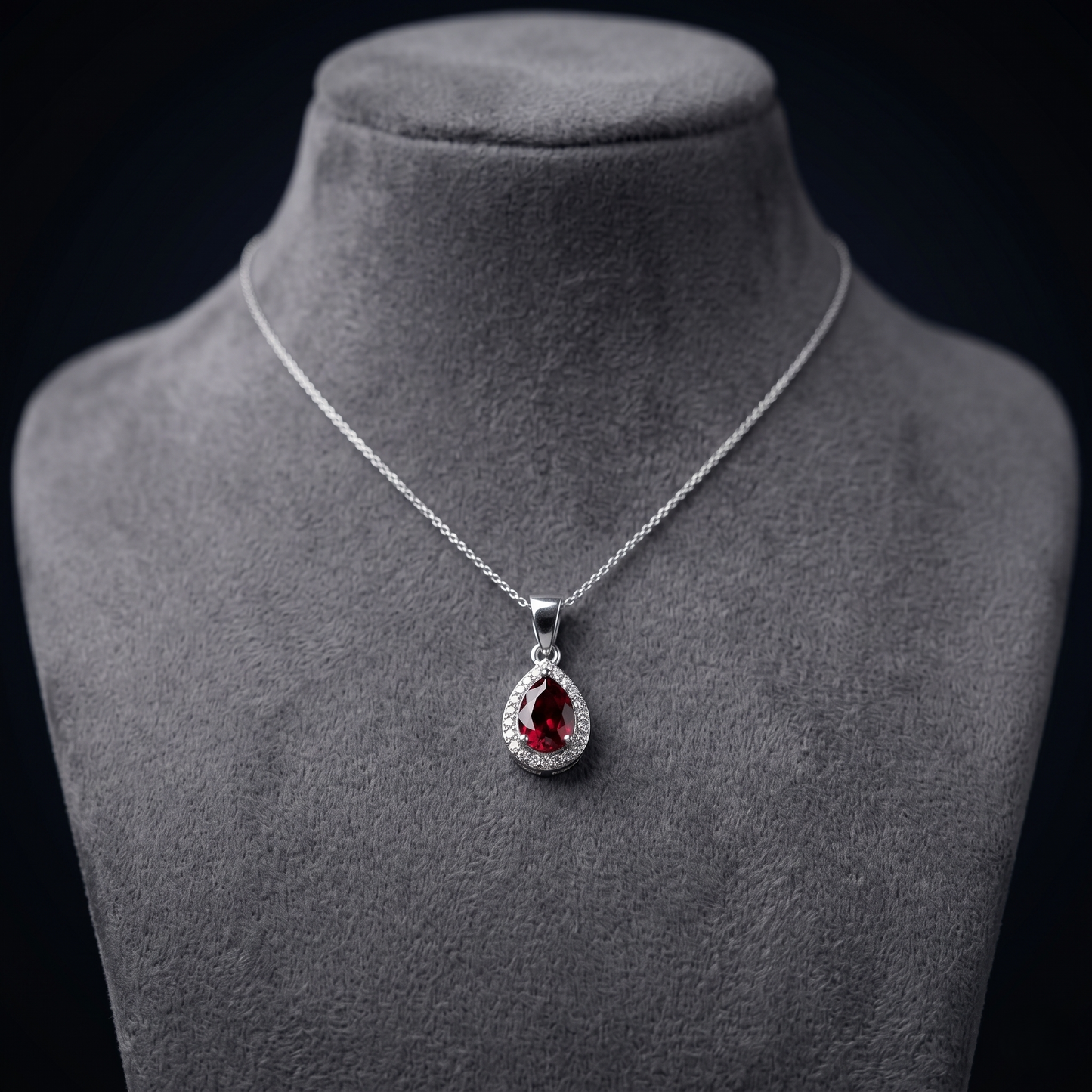 Teardrop Ruby Sterling Silver Halo Pendant