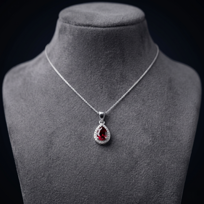Teardrop Ruby Sterling Silver Halo Pendant