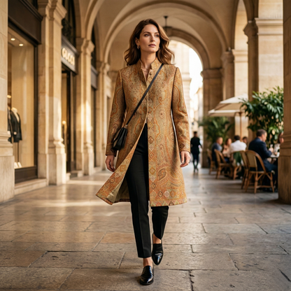 Ochre Paisley Silk Mandarin Collar Tunic Long Coat