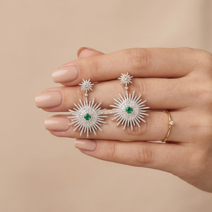 Celestial Emerald Starburst Silver Drop Earrings
