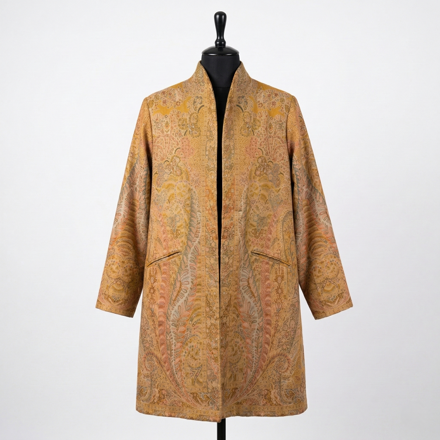 Intricate Paisley Stand Collar Long Coat