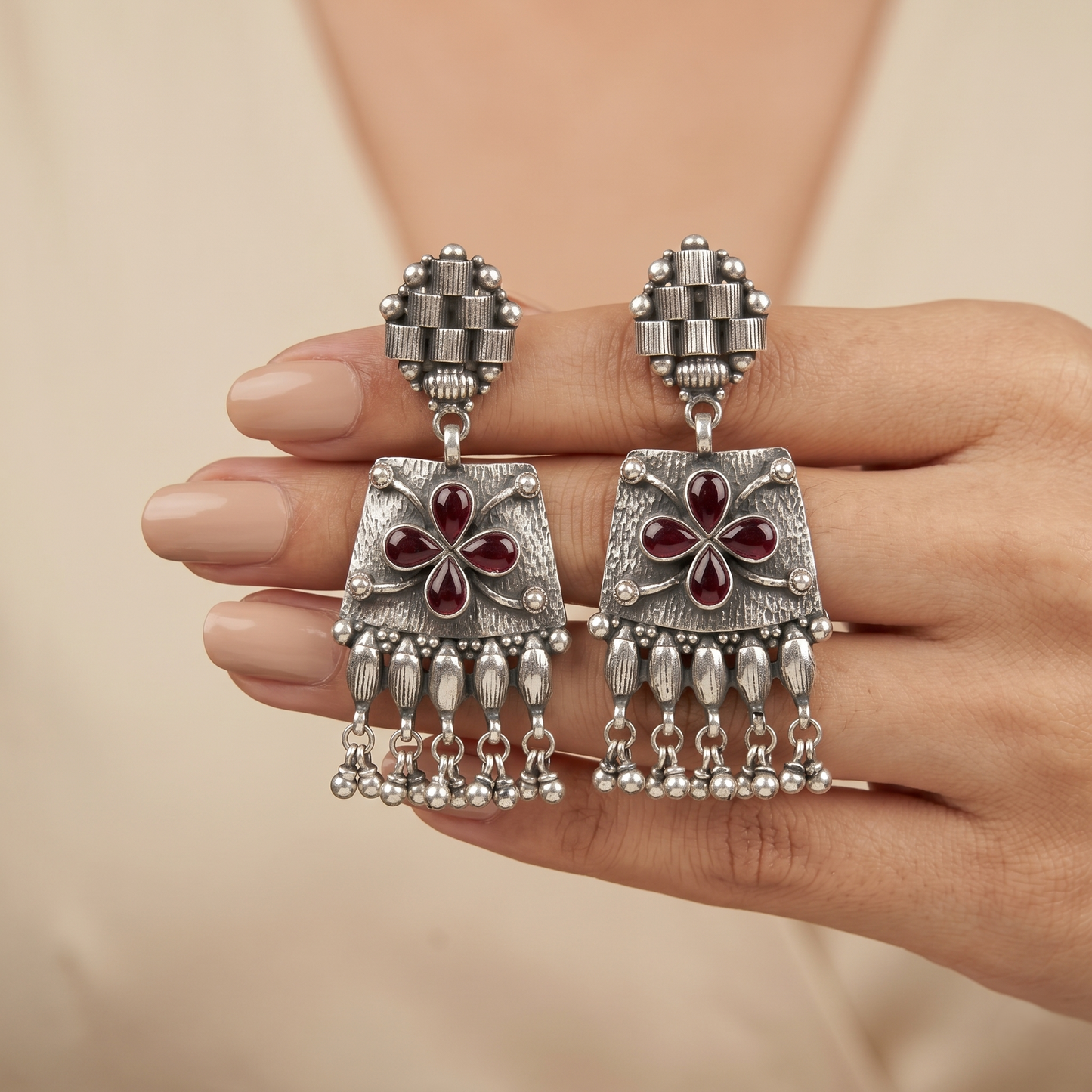 Handcrafted Oxidized Silver Floral Drop Earrings