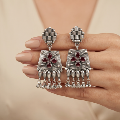 Handcrafted Oxidized Silver Floral Drop Earrings