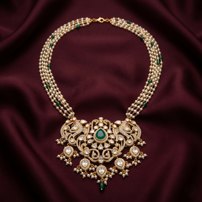 Ornate Emerald and Pearl Statement Necklace
