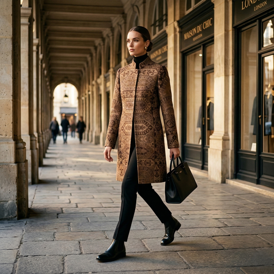 Brocade Mandarin Collar Mid-Length Tunic Coat