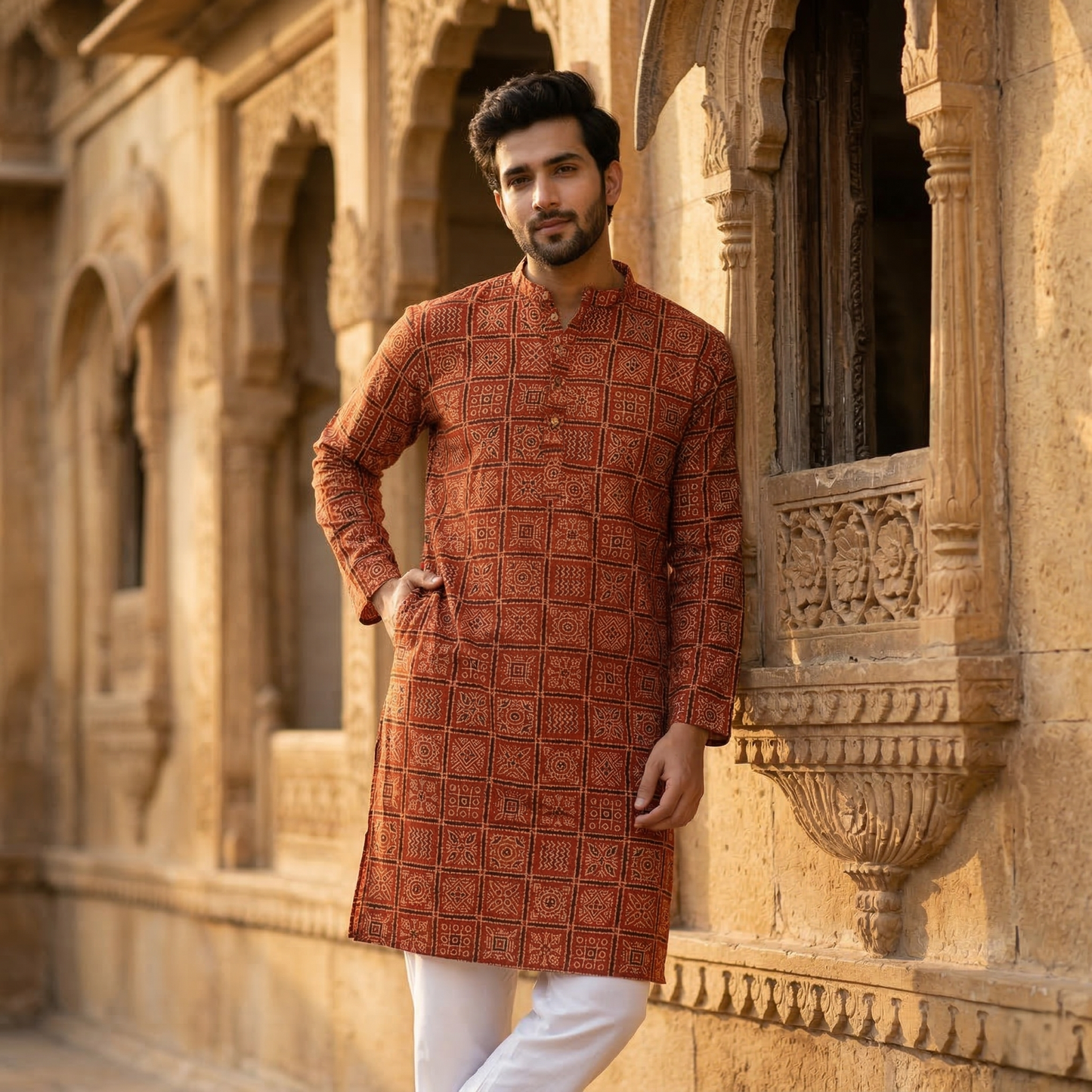 Earthy Ajrakh Print Men’s Silk Kurta