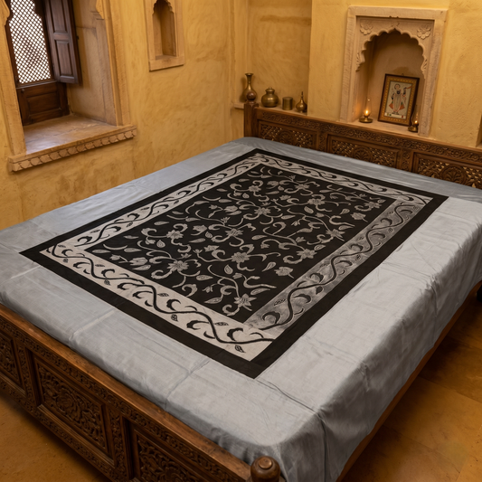Luxurious Charcoal Floral Embroidered Silk Bedcover