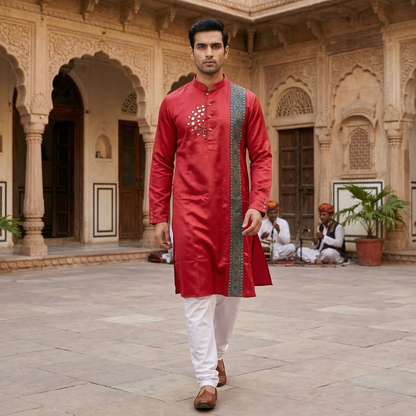 Crimson Modal Silk Kurta with Ethnic Accents