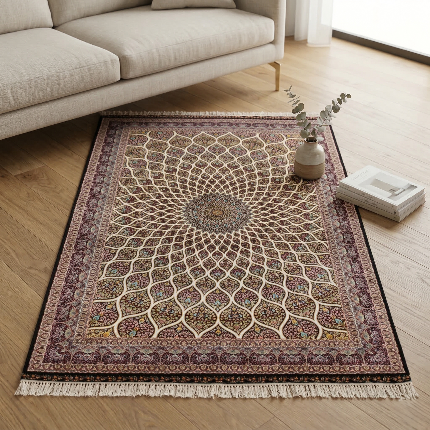 Ornate Persian Medallion Hand Knotted Silk Rug
