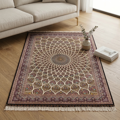 Ornate Persian Medallion Hand Knotted Silk Rug