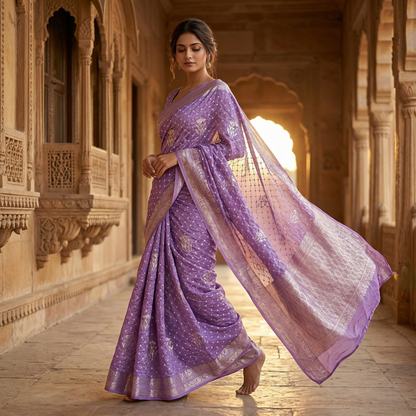 Lavender Bandhani Silk Banarasi Weave Saree