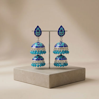 Ocean Azure Double-Tiered Silver Jhumkas