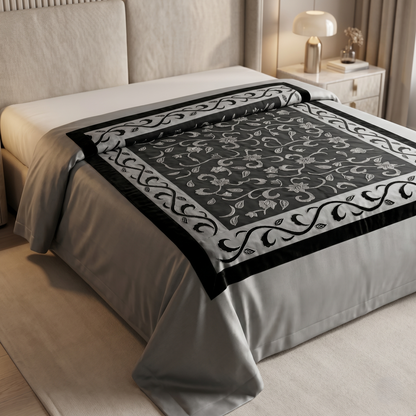 Luxurious Charcoal Floral Embroidered Silk Bedcover