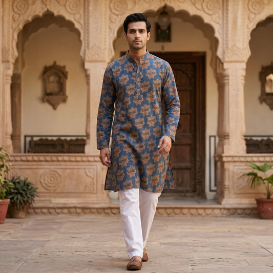 Indigo Block-Print Heritage Cotton Kurta
