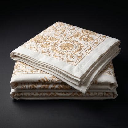 Luxury Ivory Gold Floral Handcrafted Bedcover