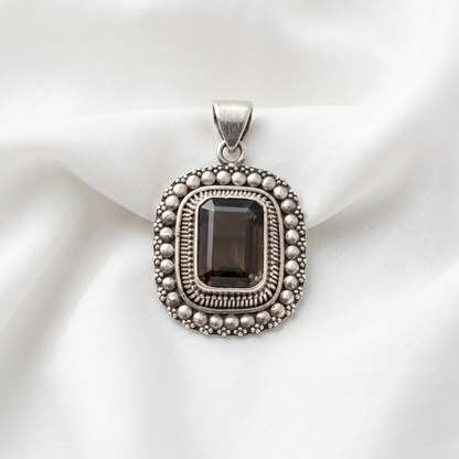 Vintage Rectangular Smokey Quartz Silver Pendant