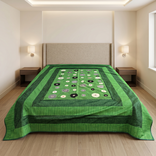 Emerald Green Geometric Handcrafted Silk Bedcover