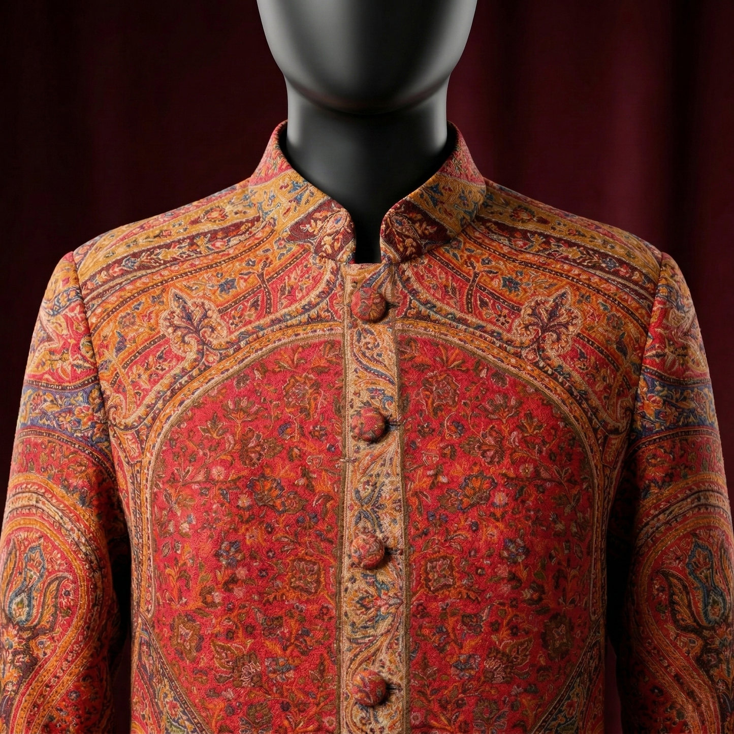 Royal Crimson Paisley Woolen Long Coat