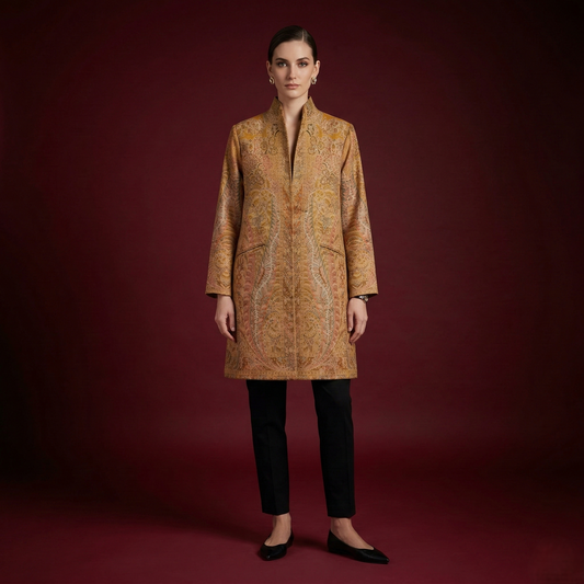Intricate Paisley Stand Collar Long Coat